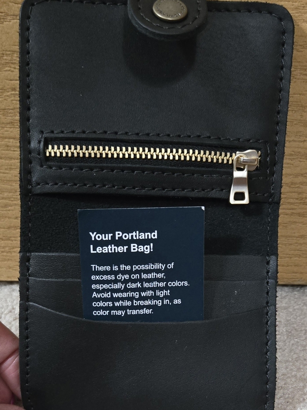 Portland Leather Black Leather Snap Bi-foldWallet w/ Brushed Metal Logo Button - Picture 5 of 7
